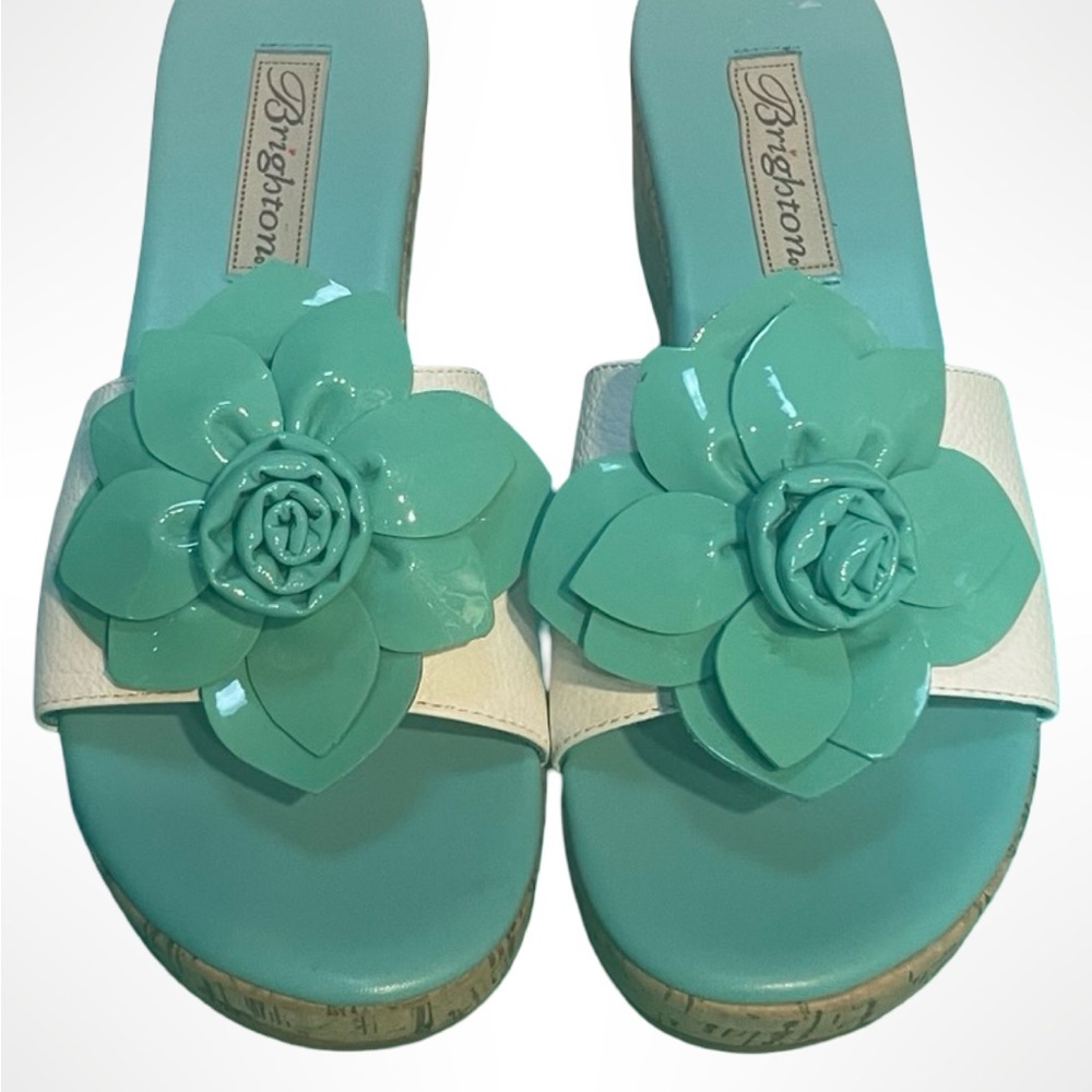 Brighton Women's Aqua Floral‎ wedge cork Sandals size 6.5